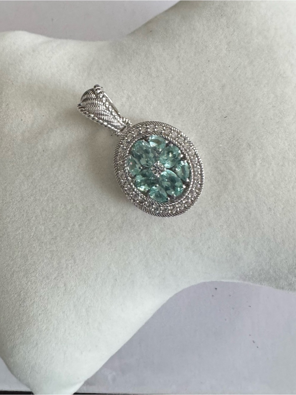Judith Ripka 925 Silver Oval Aquamarine Cluster Pendant w/Surrounding Diamonique